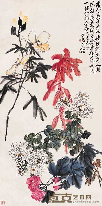 王震 1925年作 花卉 立轴 136.5×68.5cm